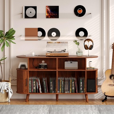 55" Large Record Player Stand, Vinyl Record Storage Cabinet, Rustic Player Turntable Stand with Open Shelves Holder, Record Player Table for Office