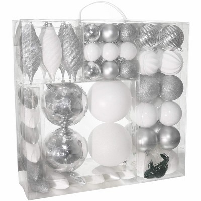 R N' Ds Christmas Hanging Ball Ornaments - Silver and White - 75 Pack