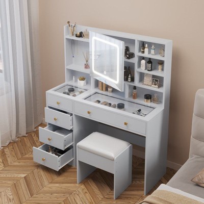 White Linen Particle Board with Triamine Tempered Glass Table Top Vanity Table Set