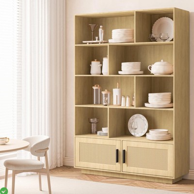 5-Tier Boho Bookcase with Rattan Doors, Tall Wooden Storage Cabinet with Adjustable Shelves, Natural Finish for Living Room, Bedroom, or Home Office