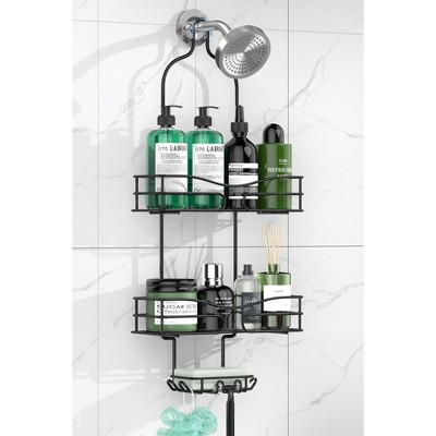 Aoibox 3-Tier Shower Caddy Organizer with Soap Holder & 6 Hooks for Towels, Sponge, Fits Standard Shower Head, Black