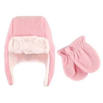 Hudson Baby Toddler Girl Fleece Trapper Hat and Mitten 2pc Set, Light Pink