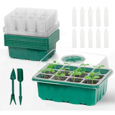 iMountek"10Pcs Seed Starter Tray Kit with 120 Cells, Humidity Dome, Labels & 2 Garden Tools for Germination"Green