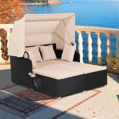 Costway Patio Rattan Daybed Lounge Retractable Top Canopy Side Tables Cushions Off White/Red/Turquoise/Beige