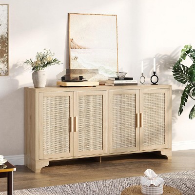 62 Inch Rattan Sideboard Buffet Cabinet, Four-Door Sideboard, Large Storage Cabinet, Modern Farmhouse Accent Table, for Kitchen, Dining Room