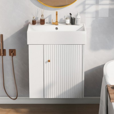 ChicFurnit 21.6 Inch Bathroom Vanity with Sink Wall Mounted Floating with Ceramic Basin and Right / Left Side Storage for Bathroom, 12.2"*21.6"*26.4"