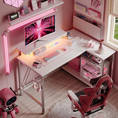 Bestier 42" Reversible L-Shaped Gaming Desk with Power Outlets LED Lights and Monitor Stand &Storage Shelves & Hooks for Bedrooms & Home Offices