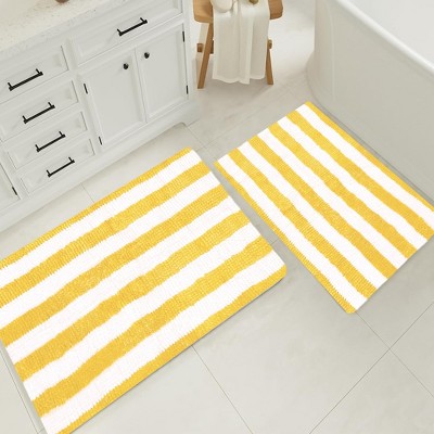 Home Mart Goods Large 2 Piece Set Yellow White Stripe Soft Cozy Plush Chenille Bath Mat Bathroom Rug