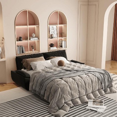 ORRD 73.2" Queen Pull-Out Sofa Bed, 3-in-1 Convertible Velvet Loveseat Sleeper, Black