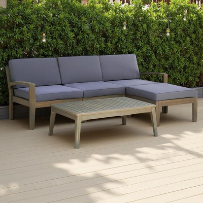 78" Outdoor Patio L-Shaped Acacia Wood Sectional Sofa Set with Coffee Table and Ottoman
