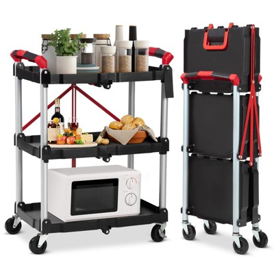 Rolling Foldable Service Cart with 3 Tiers, Portable Utility Storage Cart with Wheels, Collapsible Organizer, Plastic