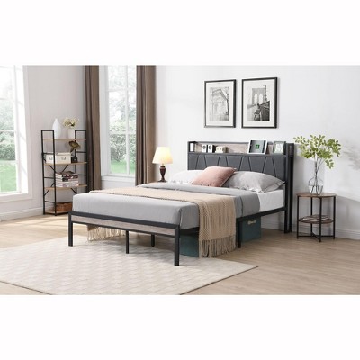 CAVINAS Queen/Full Size Metal Platform Bed Frame with Upholstered Headboard,Bedframe for Living Room,2 USB Ports,Optional Drawers,No Box Spring Needed