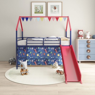 Twin Size Loft Bed with Slide, Curtain Set and Pennant Banner Flag
