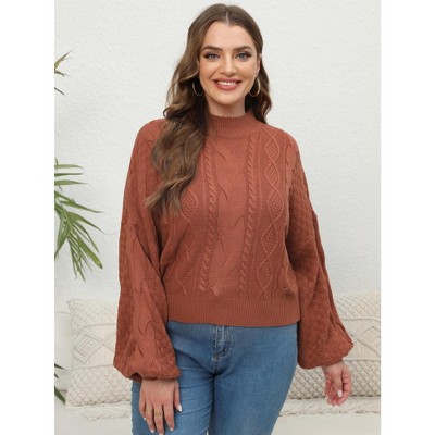 Women's Fall Winter Sweater Lantern Balloon Long Sleeve Cable Knit Short Pullover Sweater Tops Casual Mock Half Turtleneck Sweater