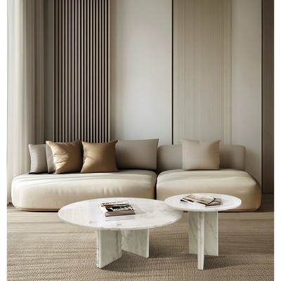 Natural Marble Round Coffee Table Set with Polished Surface for Living Room