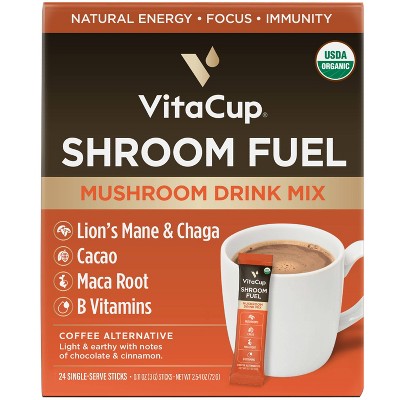 VitaCup Shroom Fuel Mushroom Based Light Roast Coffee Alternative Packets w/Cacao - 24ct