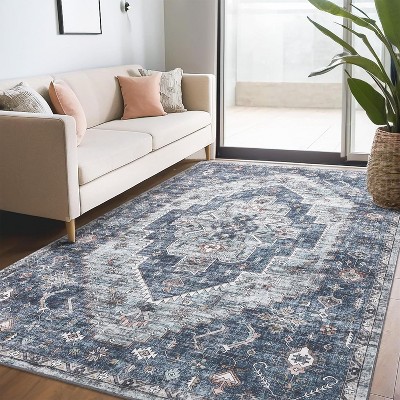Acekool 8x10 Washable Rug – Vintage Botanical Non-Slip Carpet, Ultra-Thin Floor Mat for Living Room & Bedroom,