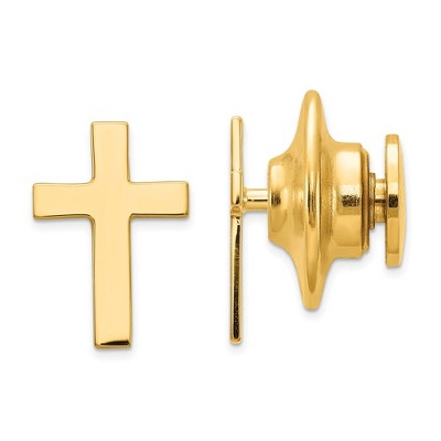 Black Bow Jewelry 14K Yellow Gold Small Cross Lapel or Tie Pin, 8 x 11mm