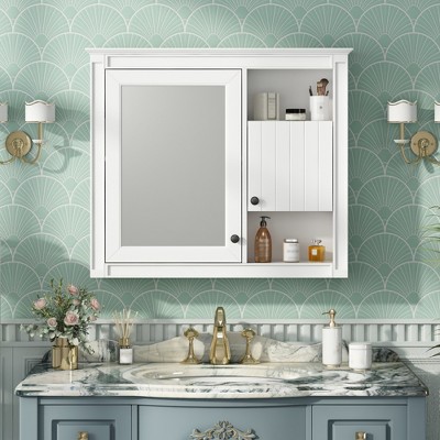 32'' Bathroom Wall Cabinet with Mirror, Wall Mounted Medicine Cabinet with 3 Shelves, Mirrored Door Over Toilet Storage Cabinet, White