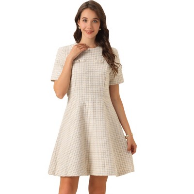 INSPIRE CHIC Women's Short Sleeve Plaid Tweed Zipper Button Casual Mini Dress