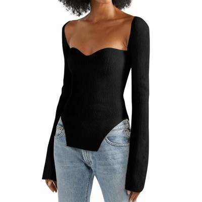 Women's Square Neck Slim Fitted Sweater Basic Long Sleeve Ribbed Knitted Pullover Tops