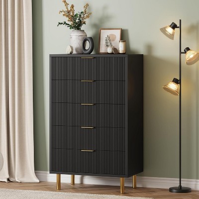 Modern 5 Drawer Dresser for Bedroom with Gold Handle and Large Drawer, Wood Double Chest of Drawers and Storage Organizer