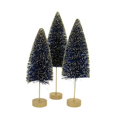 Bethany Lowe 12.5 Inch Sapphire Gold Glow Bottle Brush Christmas Decorative Tree Set , Christmas Decor Tree Glittered St/3 (3PC)