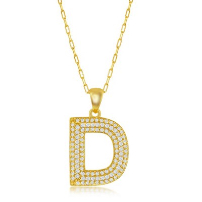 Bella Silver Sterling Silver Micro Pave CZ Block Initial w/Paperclip Chain Gold Plated 18" Pendant Necklace
