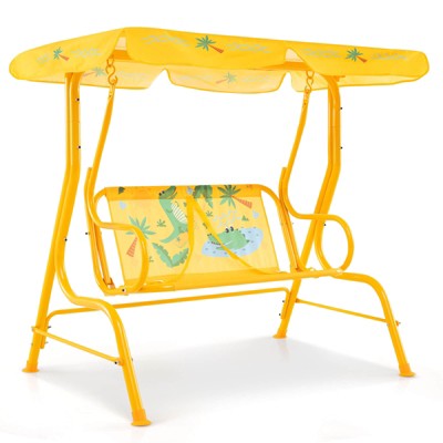 Costway 2-Seater Toddler Porch Swing Chair with Metal Stand Adjustable Canopy Safety Belts Blue/Pink/Yellow