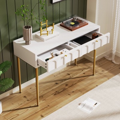 MOEPISY Modern Metal Leg Double Drawer Dressing Table, Cream White