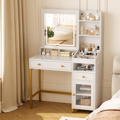 Vanity Table with Lighted Mirror, 3 Lighting Modes, Acrylic Cabinet, Power Outlet, 2 Drawers, Open Shelves, Makeup Desk, White