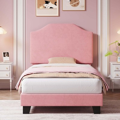 Garvee Twin Corduroy Bed with Adjustable Headboard, Platform Frame, Wood Slats, No Box Spring, Easy Assembly, White/Pink
