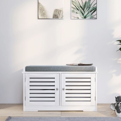 CAVINAS Modern White Barn Doors Shoe Bench Rock with Cushion & Shelves,Multifunctional Storage Bench for Entryway,Living Room