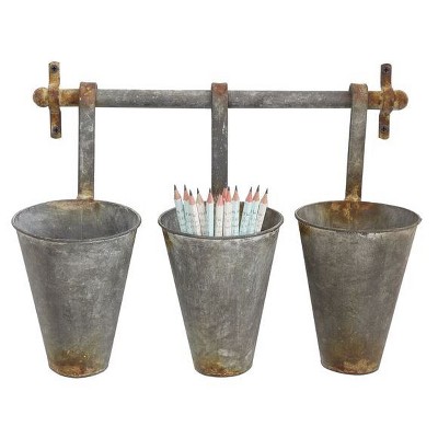 Metal Wall Rack with 3 Tin Pots - Storied Home: Rustic Outdoor Wall-Mounted Planter, Patio Clearance