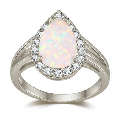 Teardrop Opal Ring for Women Isabella 4 Ct Pear Shape Sterling Silver CZ Halo Ginger Lyne Collection