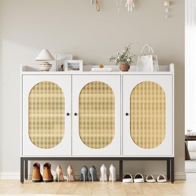 Acekool Freestanding Rattan Shoe Cabinet with 3 Doors, 4 Adjustable Shelves & Metal Legs, Hidden Shoe Storage for Entryway, Hallway, Living Room