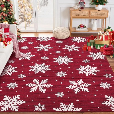 5x7 Red Christmas Area Rug, TPR Backing, Washable Low Pile Non-Shedding Floor Mat, Soft Snow Print for Bedroom