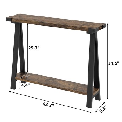 Farmhouse Entryway Table, Narrow Sofa Table with Open Storage Shelf, Metal Frame Skinny Console Table with V-Shaped Leg Design