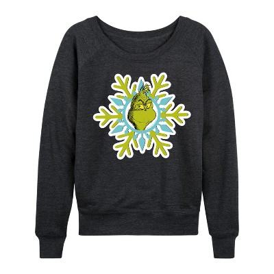 Women's - Dr. Seuss - Grinch Face Snowflake Lightweight French Terry Wide Neck Long Sleeve Graphic Shirt