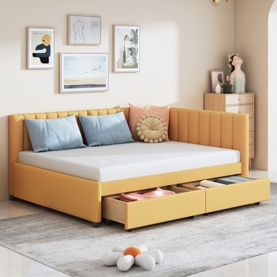 TIRAMISUBEST Full Size Upholstered Storage Daybed with 2 Drawers, Linen Fabric Sofa Bed Frame with No Box Spring Needed
