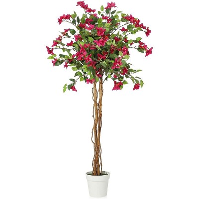 Artificial Bougainvillea Tree 4/5/6FT with White Pot, Faux Flower Tree for Indoor Outdoor Decor, Lush Fake Floral Plant