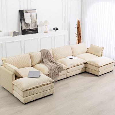 HYLEORY U-Shaped Sectional Sofa , Indoor Furniture Convertible Modular Corduroy Sectional Sofa Set with 2 Ottomans for Living Room