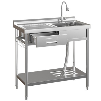 Stainless Steel Sink, Utility Sink - Freestanding Single Bowl with Hot & Cold Faucet, Built-In Washboard, Drawer, Drain Basket & Dish Rack