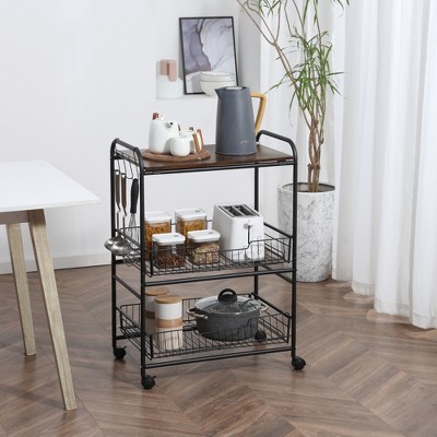KTMBDW 3 Tier Rolling Kitchen Cart with Wood Tabletop, Kitchen Island Cart with Wheels&Shelf, Microwave Cart on Wheels, Coffee Cart with Hooks, Brown