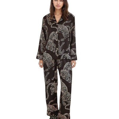 Anna-Kaci Lounge Women's Animal Print Woven Pajama Set with Button Front Long Sleeve Top and Relaxed Fit Pants