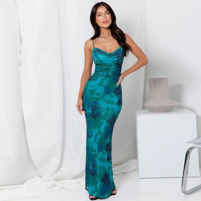 Coolmee Women Vintage Spaghetti Strap Sexy Low Cut Backless Floral Satin Slip Bodycon Maxi Dress