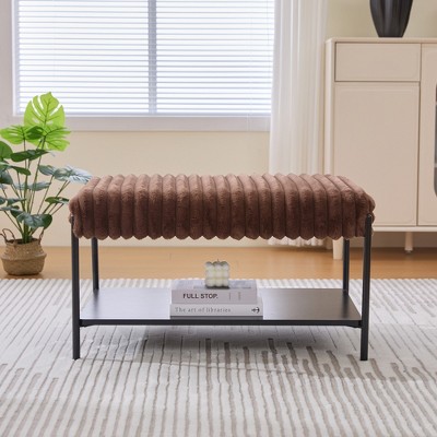 30.7inWide Upholstered Ottoman Coffee Table Foot Rest with Black Metal Legs,Footstool with Wooden Open Storage Shelf,Foot Stool for Living Room