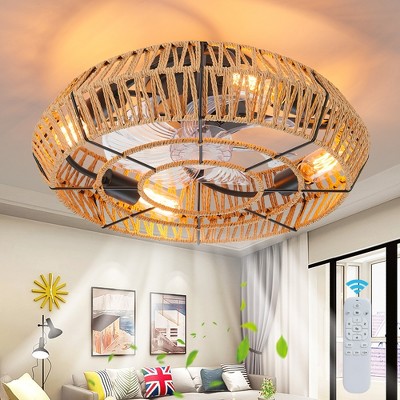 POWLIG 19.7" Industrial Ceiling Fan with Remote & Light Kit – 4 E26 Bulb Sockets, Adjustable Speeds, Timer, Vintage Cage Design