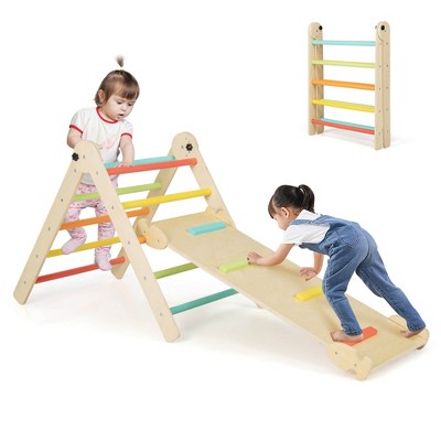 Costway 3-in-1 Triangular Climbing Toys Foldable & Height-adjustable Triangle Set Colorful/Natural