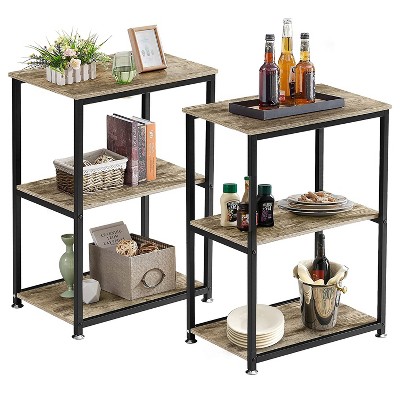 VECELO 3-Tier Industrial Versatile Side Nightstands Sofa Table with Large Storage for Living Room, Space Saving, End Table, Brown/Gray